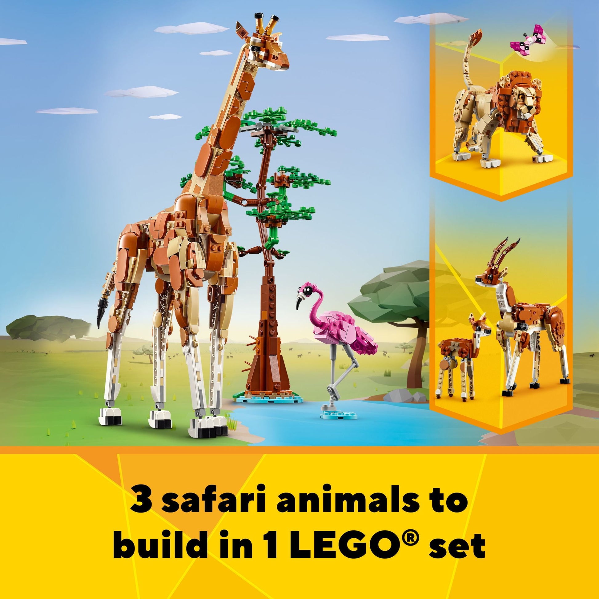 Creator 3 in 1 Wild Safari Animals, Rebuilds into 3 Different Safari Animal Figures - Giraffe Toy, Gazelle Toy or Lion Toy, Nature Toy, Building Set for Kids Ages 9 Years Old and Up, 31150