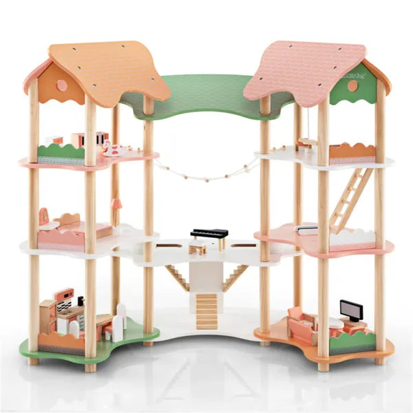 7-Room Wooden Dollhouse for Kids Standard Dollhouse Set