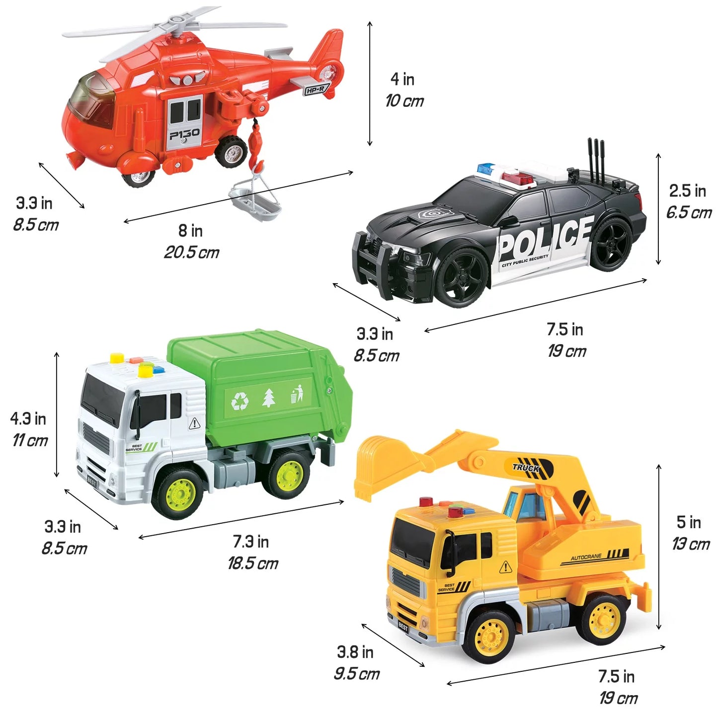 4 Pack City Heroes Vehicle Bundle Toy Playsets, Friction Powered Includes Fire Rescue Helicopter, Sanitation Dump Truck, Excavator, Police Cruiser Car, Pretend Play Toys for Toddlers Kids Boys