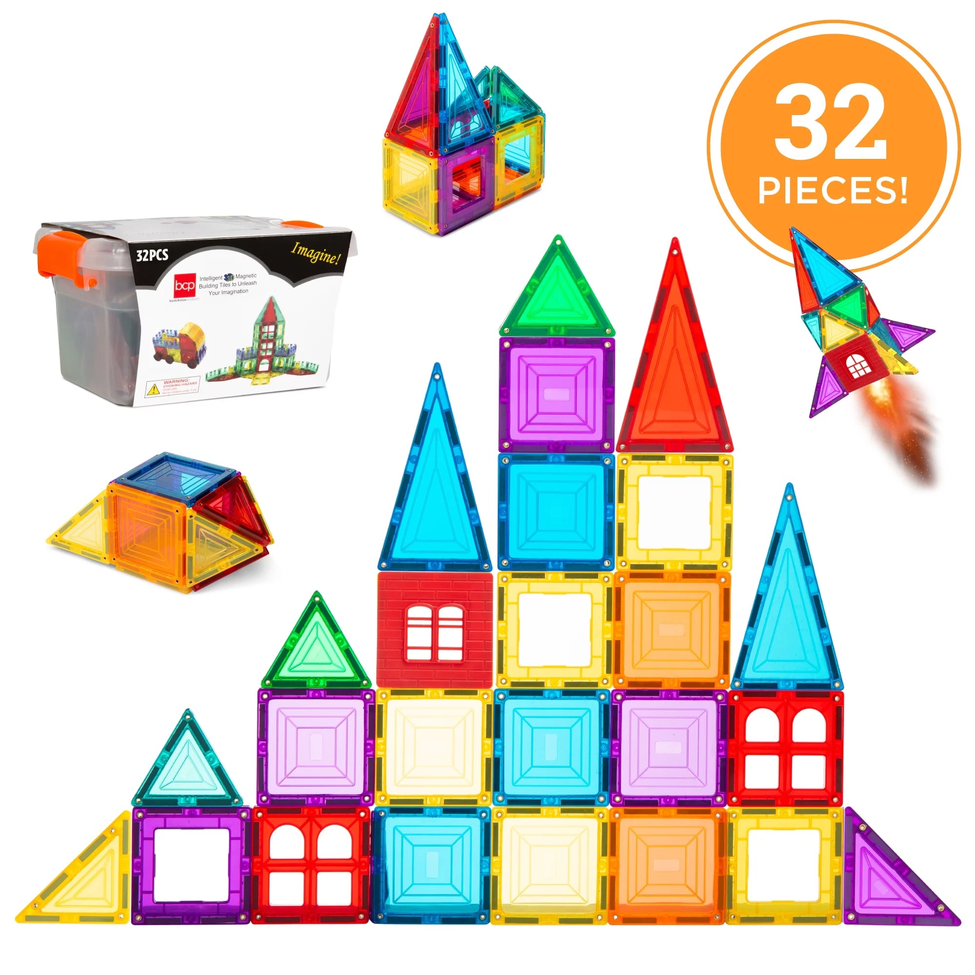 32-Piece Kids Magnetic Tiles Set - STEM Toy with Storage Case – Wonder ...