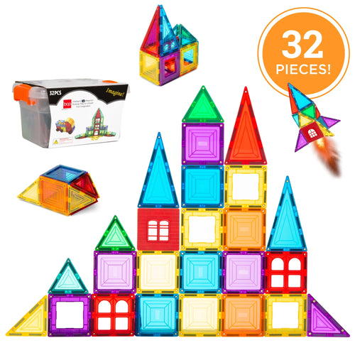 32-Piece Kids Magnetic Tiles Set, Educational Building STEM Toy W/ Case - Multicolor