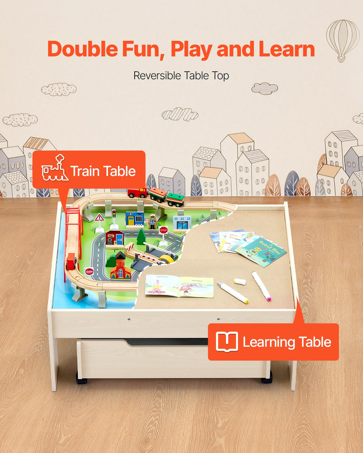 100-Piece Wooden Train Table with Storage Drawer