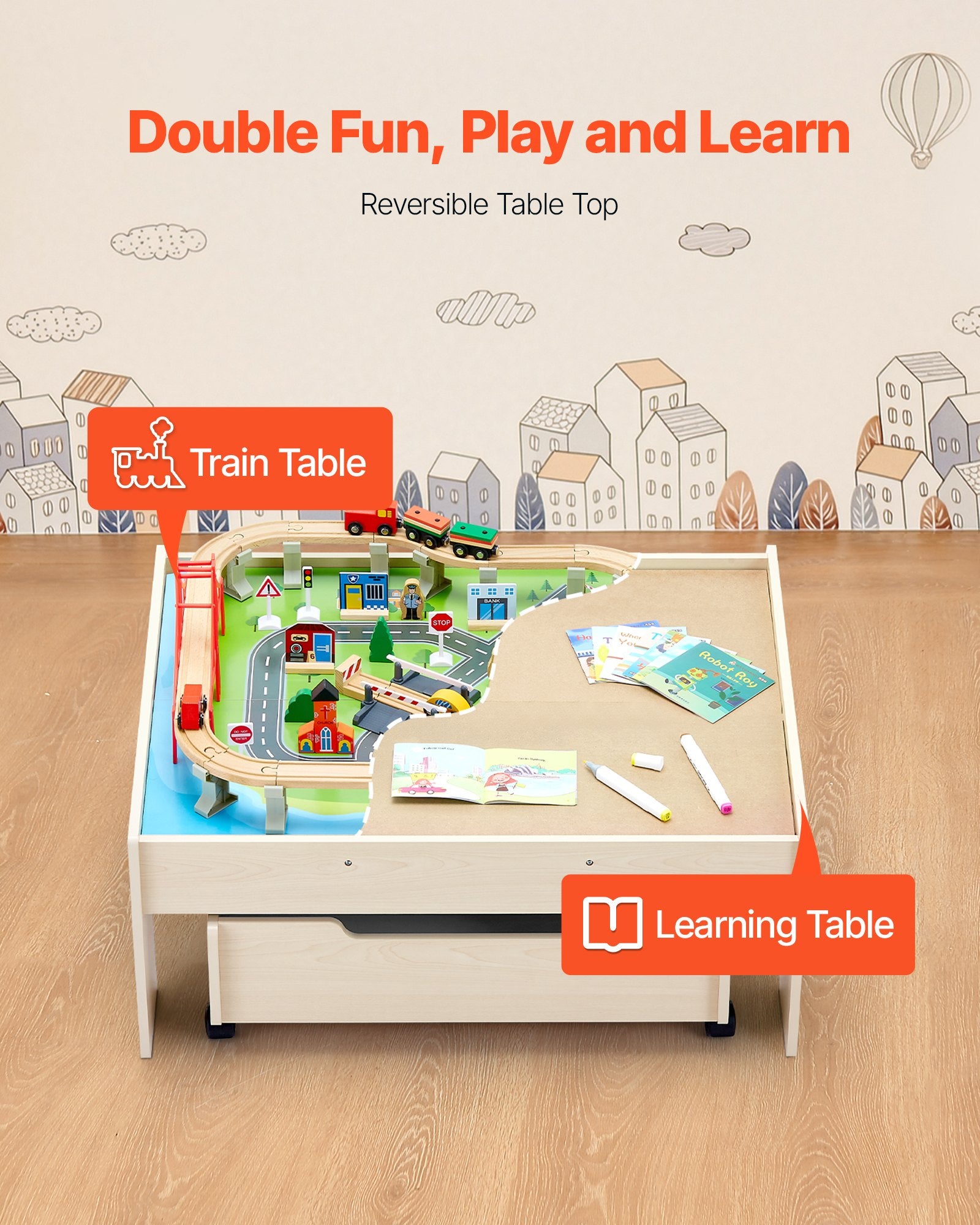 Train Table 100 Pieces Wooden Kids Activity Table With Rolling Storage Drawer