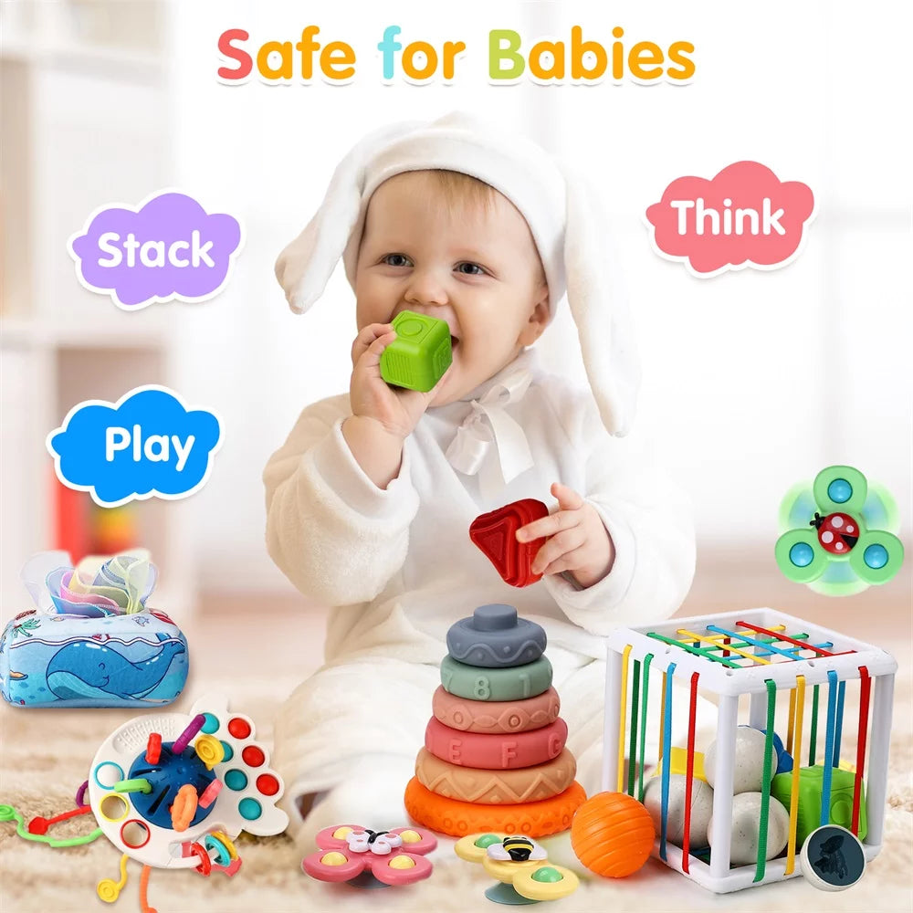 Baby Learning Toys 6-12 Months,7In1 33Pcs Montessori Toys for Babies Birthday Gift Toy Set, Sensory Bins Soft Teething Toys Pull String Stacking Blocks Matching Eggs Toddler Toy Suction Cup Spinner