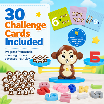 Montessori Monkey Balance Scale Math Toy for Kids — 30 Challenge Cards · 4 Difficulty Levels · Counting, Addition & Number Sense Game Ages 3–7