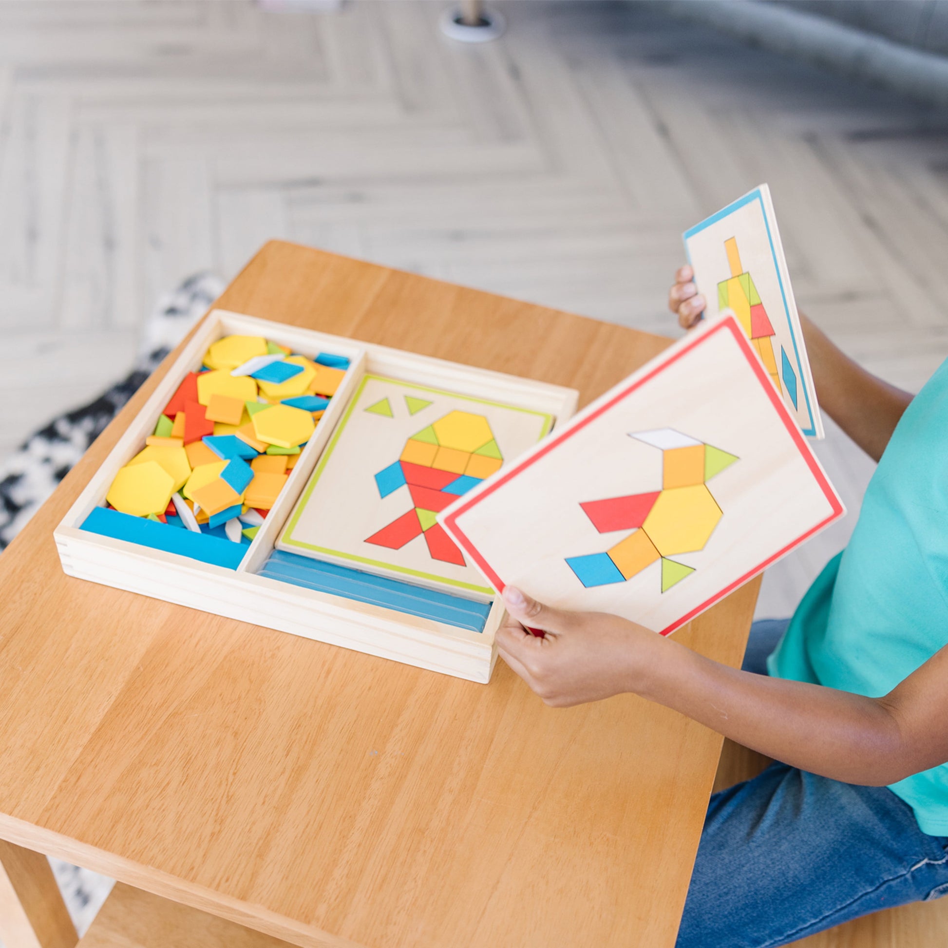 Pattern Blocks and Boards - Classic Toy with 120 Solid Wood Shapes and 5 Double-Sided Panels, Multi-Colored Animals Puzzle