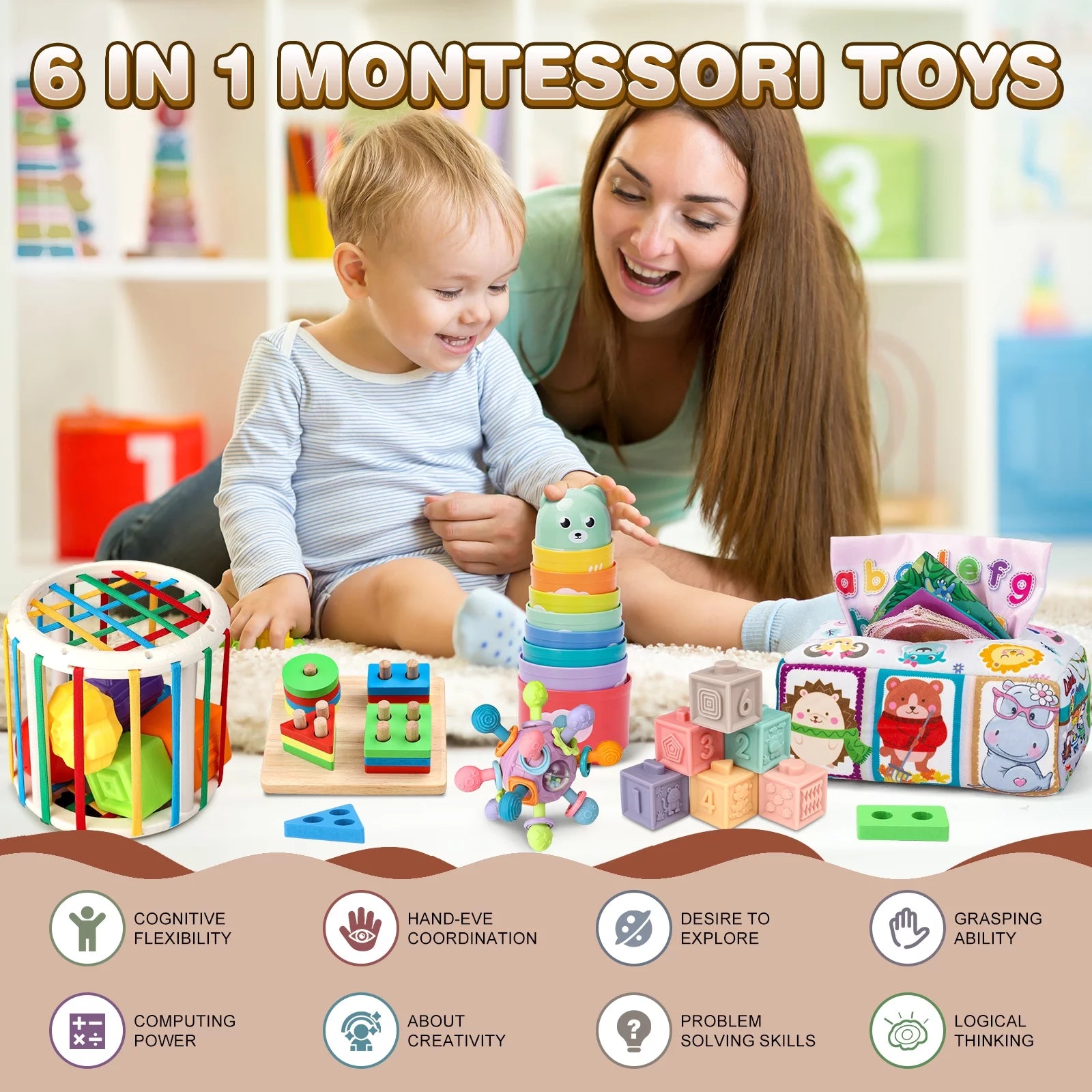 Baby Toys 6-12 Months, 6 in 1 Montessori Toys Soft Baby Teething Toys, Sensory Development Education Toys for Baby 12-18 Months