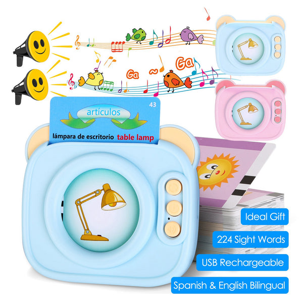 Blue-Pink Color Options -- 1Pc Spanish & English Talking Flash Cards 224 Sight Words Bilingual Flash Cards Rechargeable Card Early Educational Toy For Boys Girls Aged 1 2 3 4 5 6 7 8 Years Old