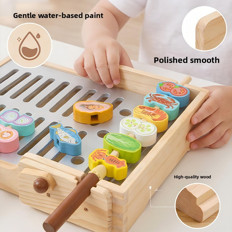 Wooden Pretend BBQ Grill & Food Skewer Play Sets for Kids