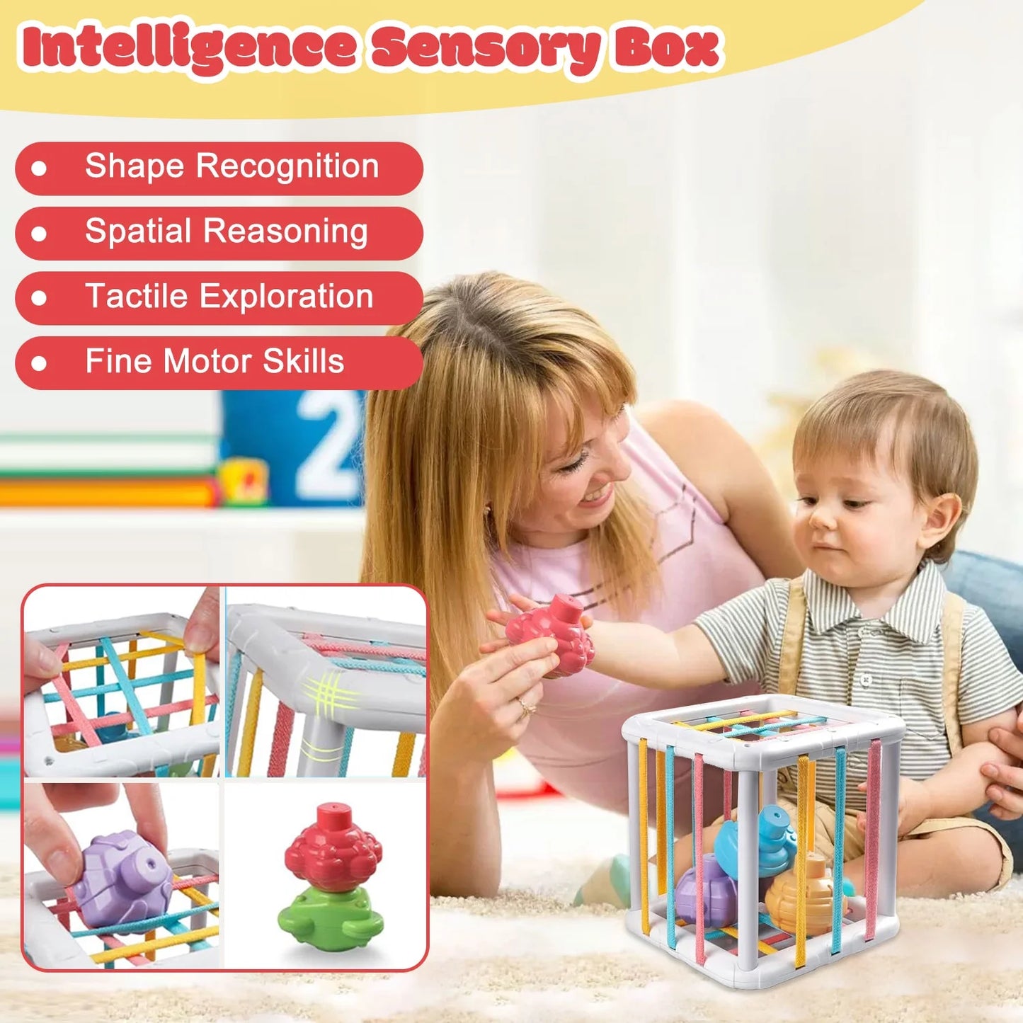 Baby Learning Toys for Ages 6-18 Months - 4In1 Toddler Toys Pull String Teether, Stacking Blocks, Sensory Shapes & Storage Bin, Montessori Toys for Babies Birthday Gift Toy Set