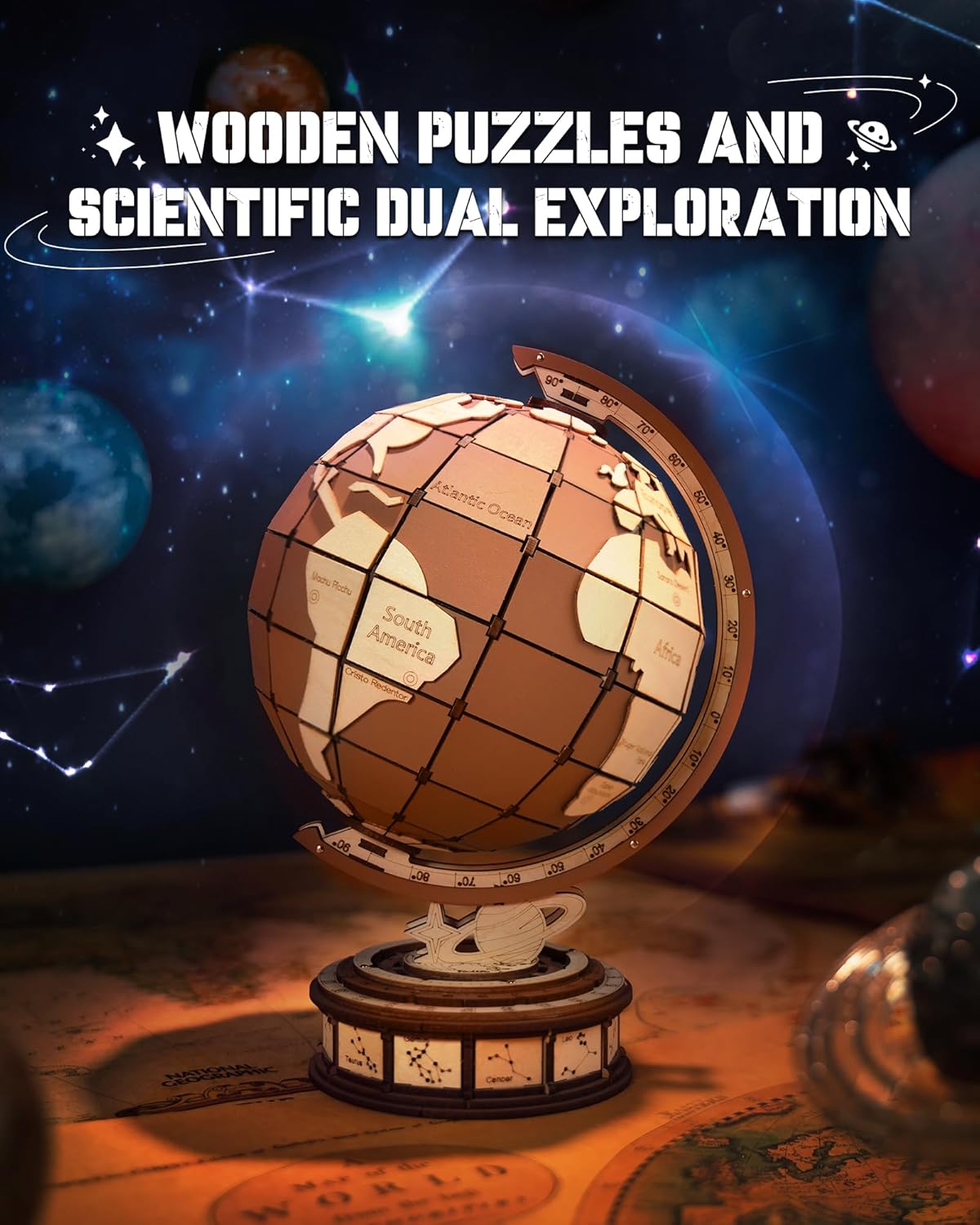 Rotating 3D Wooden Globe Puzzle with Astronomical Base – STEM Building Toy for Kids & Teens