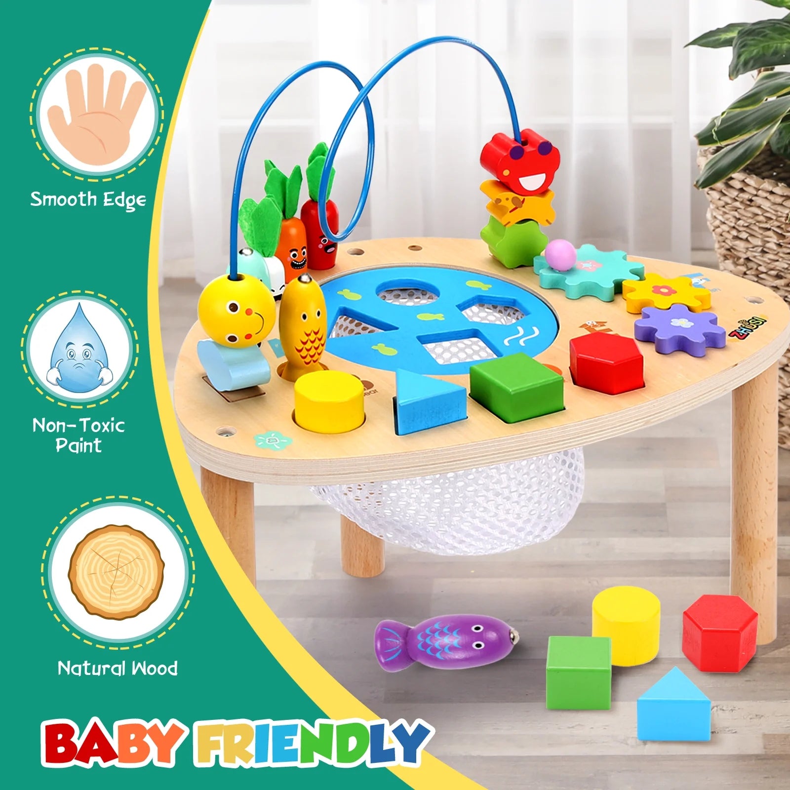 Baby Activity Table Wood Bead Maze Montessori Early Developmental Learning Toys Infant Toddler