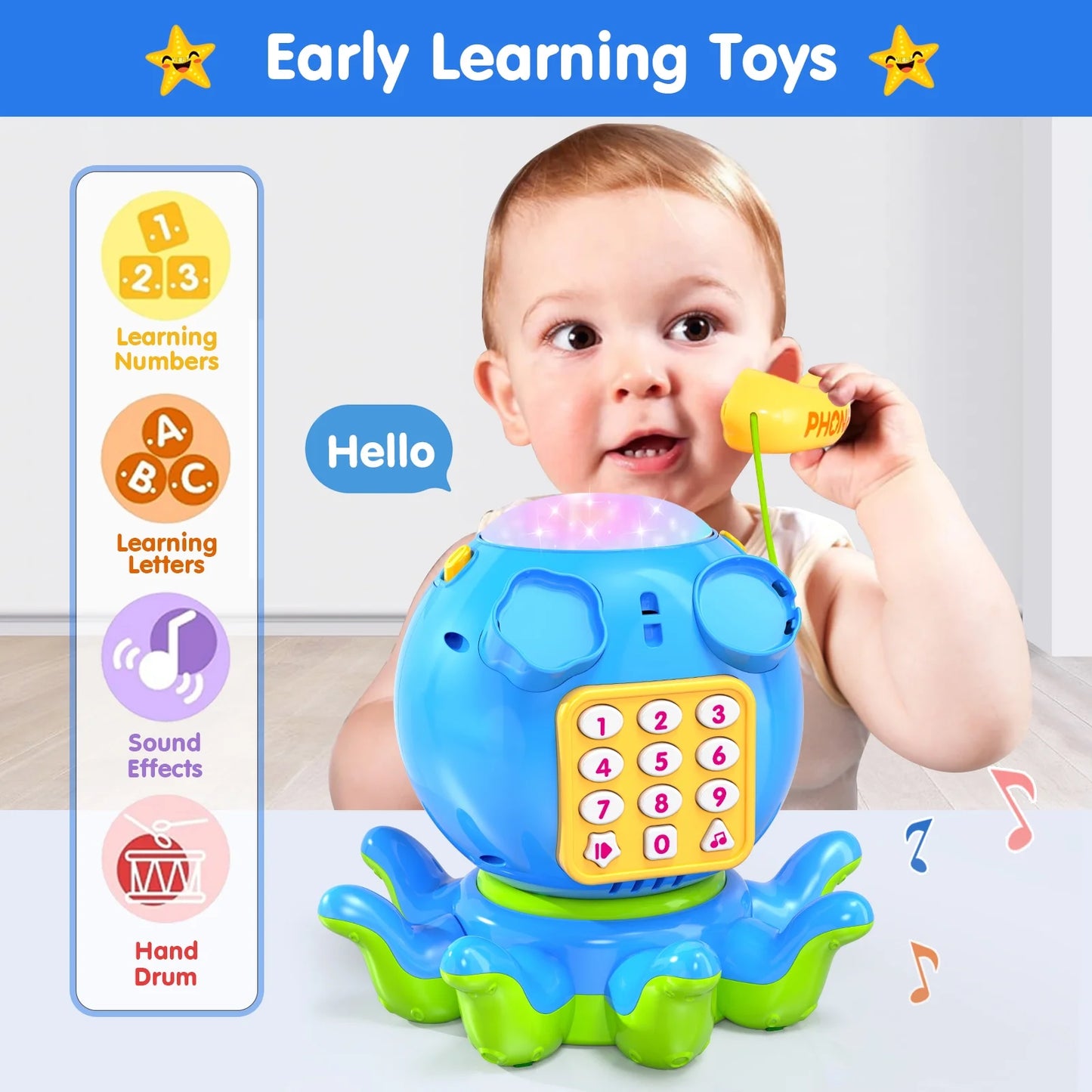 Blue Crawling Musical Octopus Baby Toys for 12-18 Months, Early Learning Educational Toy with Light & Sound, Birthday Toy for Infant Toddler Boy Girl 7 8 9 10 11 Month 1-2 Year Old