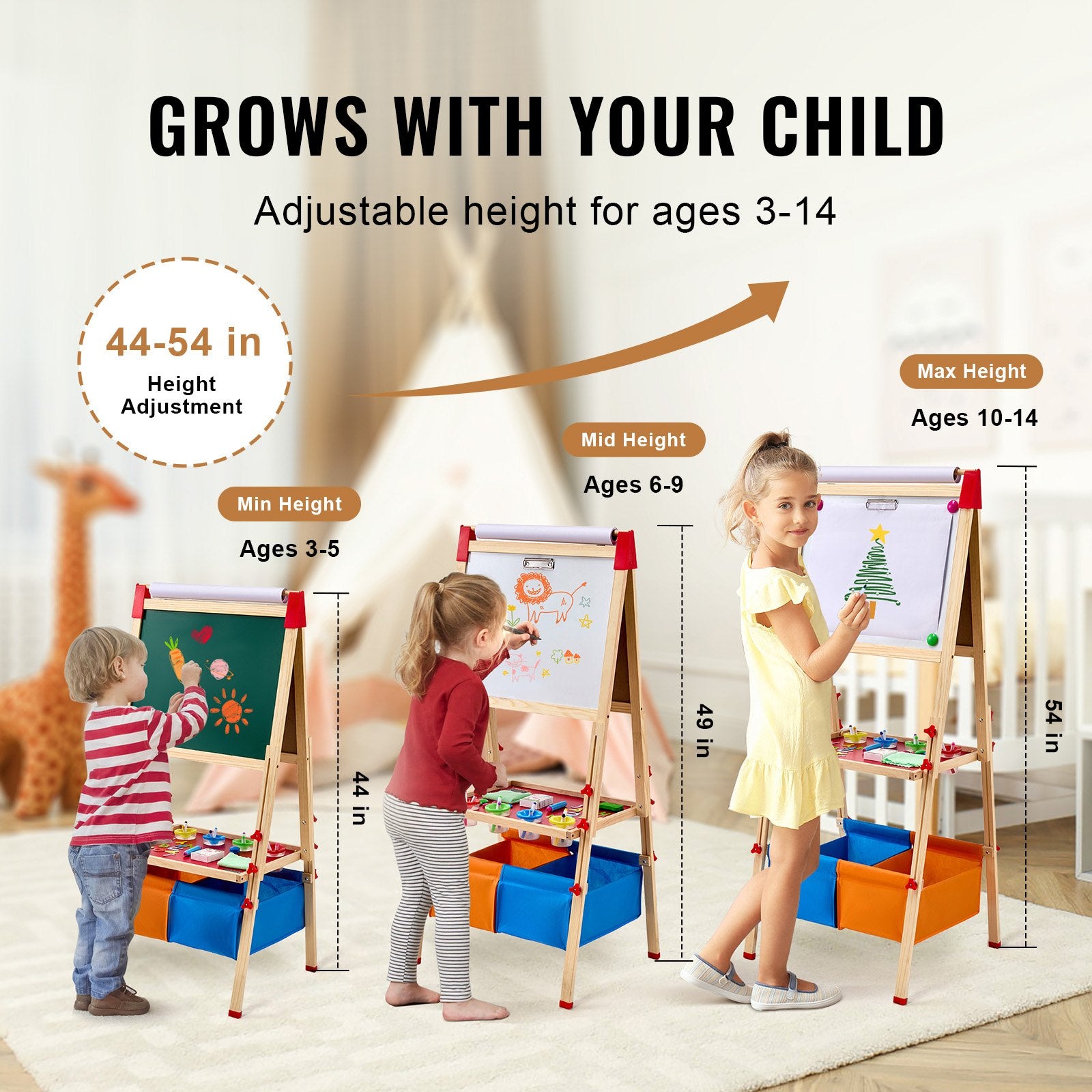 3-in-1 Kids Art Easel Double-Sided Wooden Magnetic Whiteboard Chalkboard