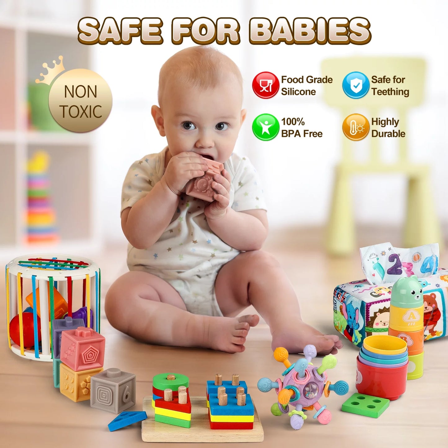 Baby Toys 6-12 Months, 6 in 1 Montessori Toys Soft Baby Teething Toys, Sensory Development Education Toys for Baby 12-18 Months