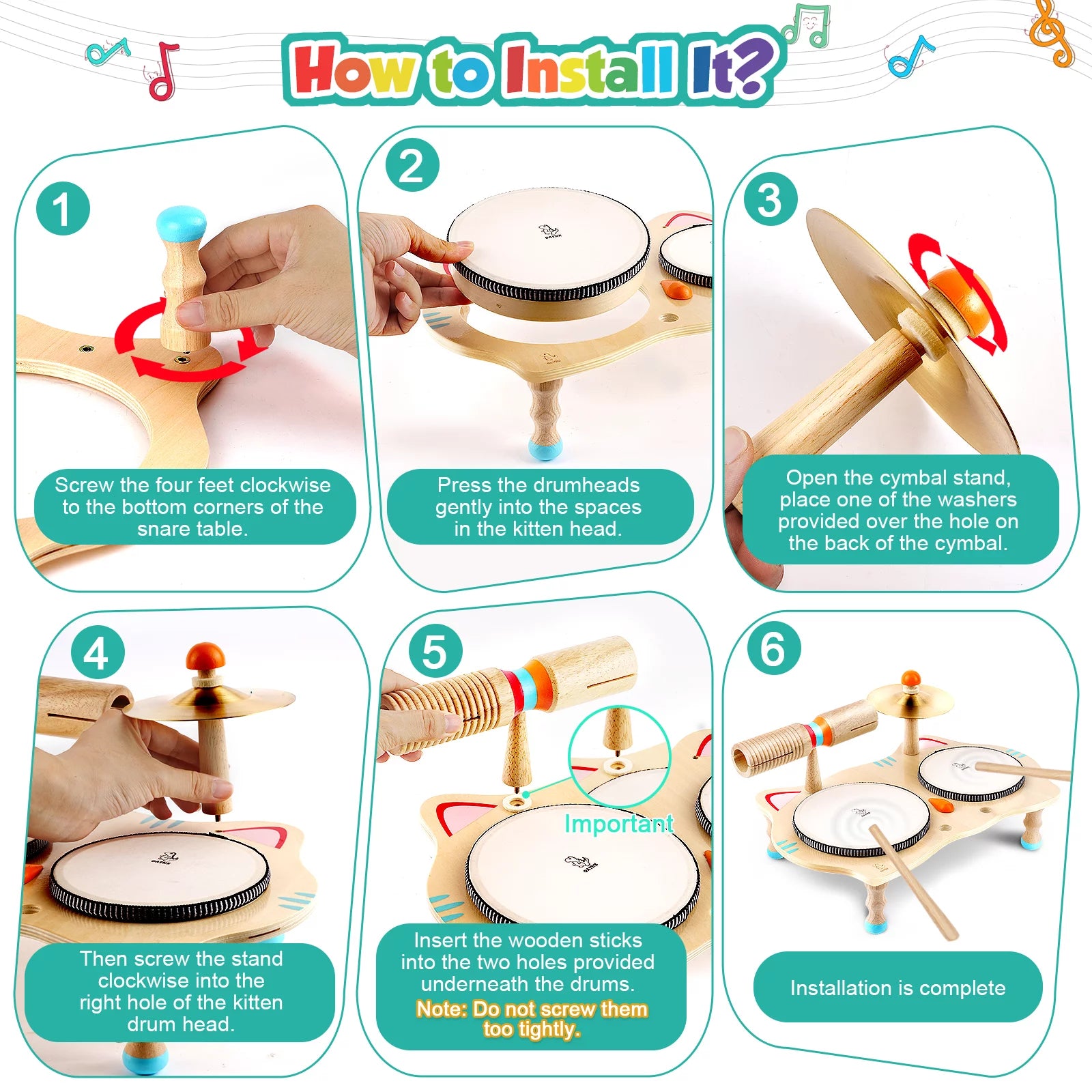 Music Toy Drum Set for Kids Wooden Musical Instruments Baby Learning Toy for Boy Girl 1-5 Year