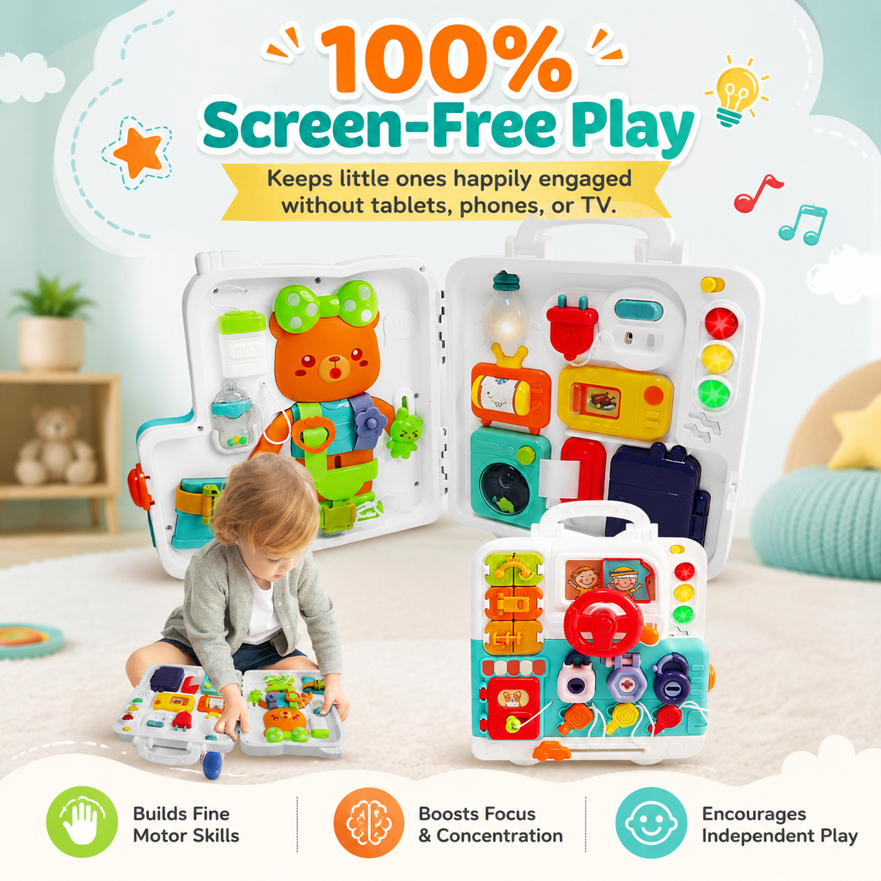 3-in-1 Montessori Busy Board Sensory Toy for Toddlers 1–3