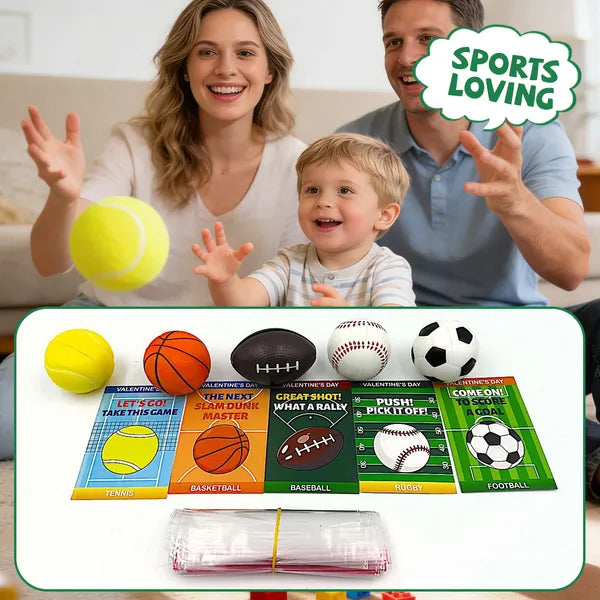 Sports Valentines Cards Gifts For Kids School Classroom - 24 Pack, Mini Foam Ball Toys With Exchange Cards For Toddler Boys Girls, Valentines Party Favors Goodie Bag Stuffer Class Prizes For Students