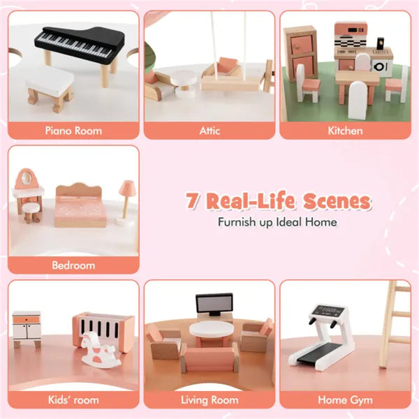 7-Room Wooden Dollhouse for Kids
