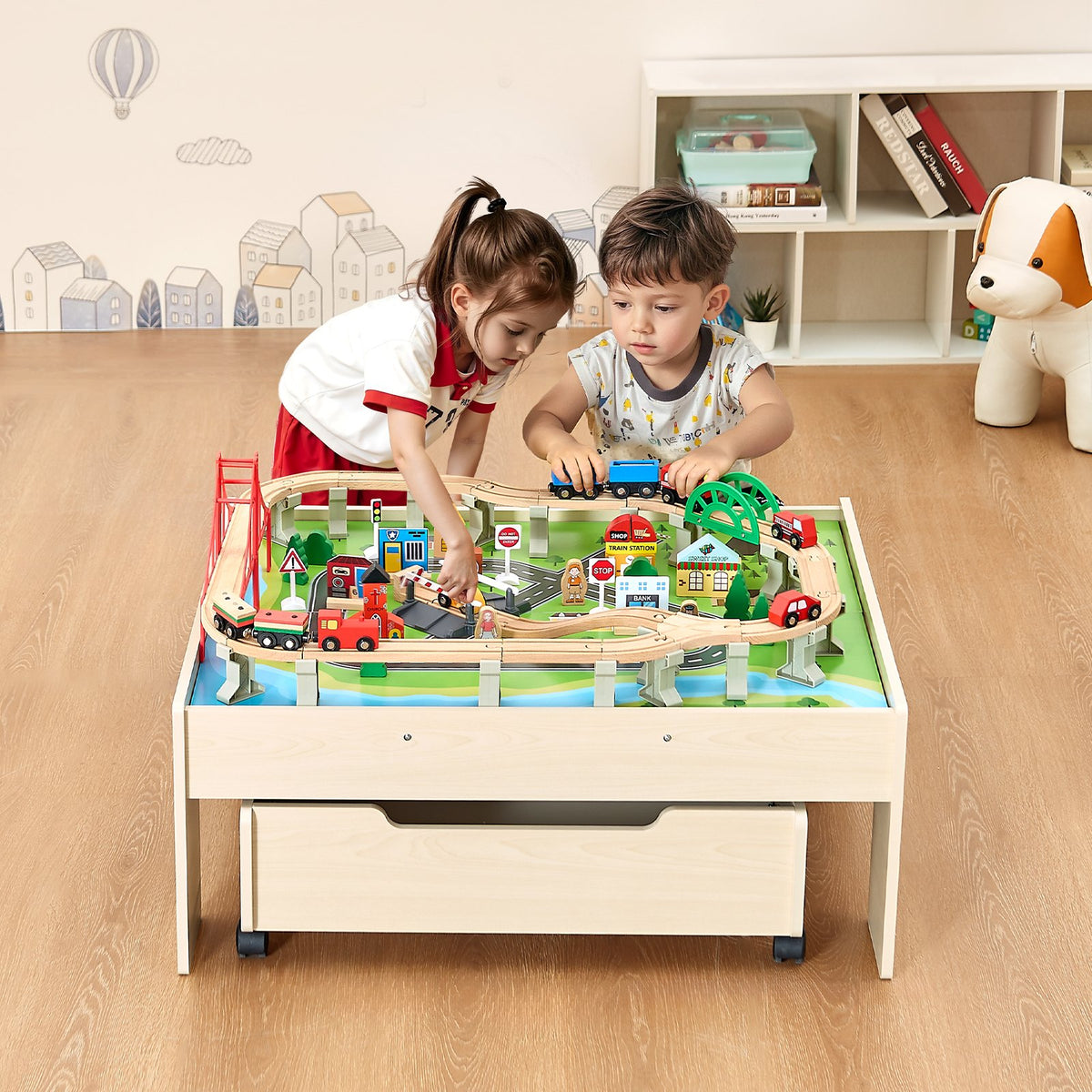 100-Piece Wooden Train Table with Storage Drawer Natural