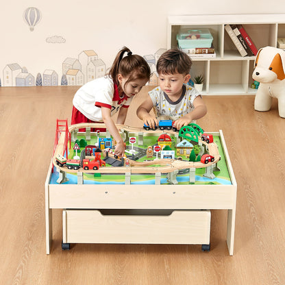 Train Table 100 Pieces Wooden Kids Activity Table With Rolling Storage Drawer Natural