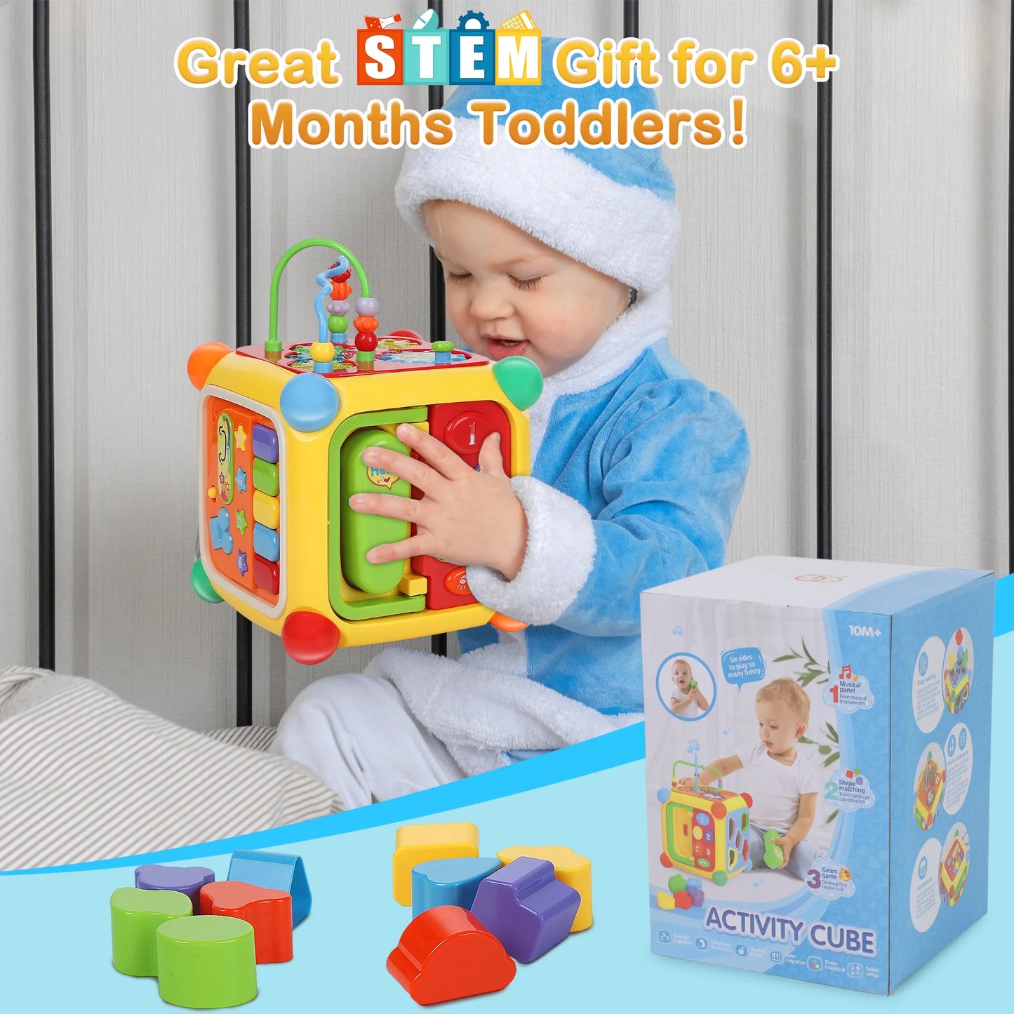 Baby Activity Cube with Music, 6 in 1 Learning Toys for Infants Toddlers, Montessori Educational Toys Christmas Party Baby Shower Birthday Gifts for Kids Toddlers 6-36 Months (Colorful)