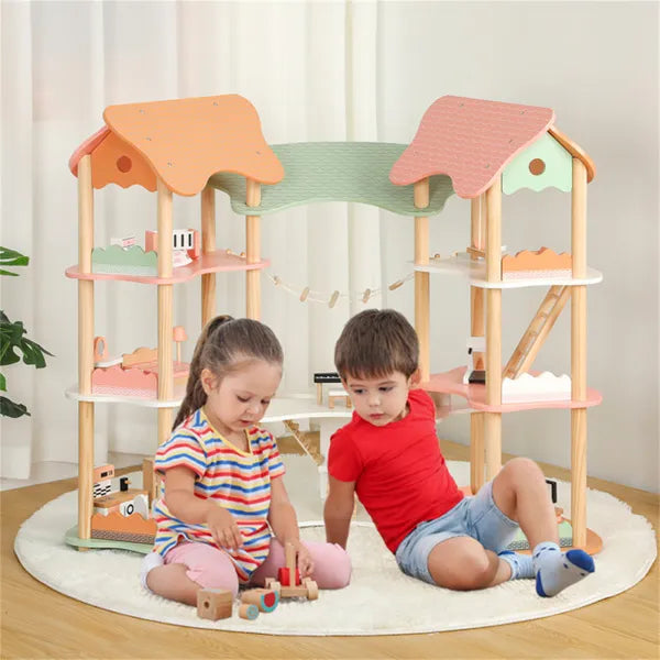 7-Room Wooden Dollhouse for Kids
