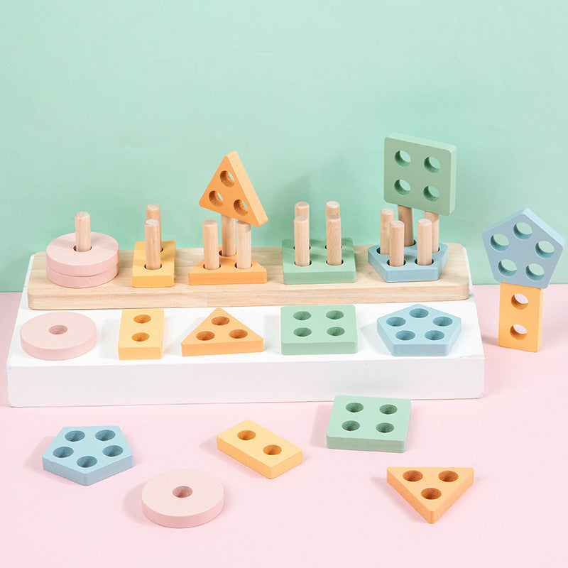 Wooden Geometric Shape Matching Toy – Five-Pillar Sorting Puzzle