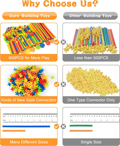Straw Constructor STEM Building Toys 600Pcs Interlocking Toys Engineering Toys Thin Tube Blocks Connectors Toy Educational Toy Kit for Kids 3 4 5 6 7+ Years Boys and Girls