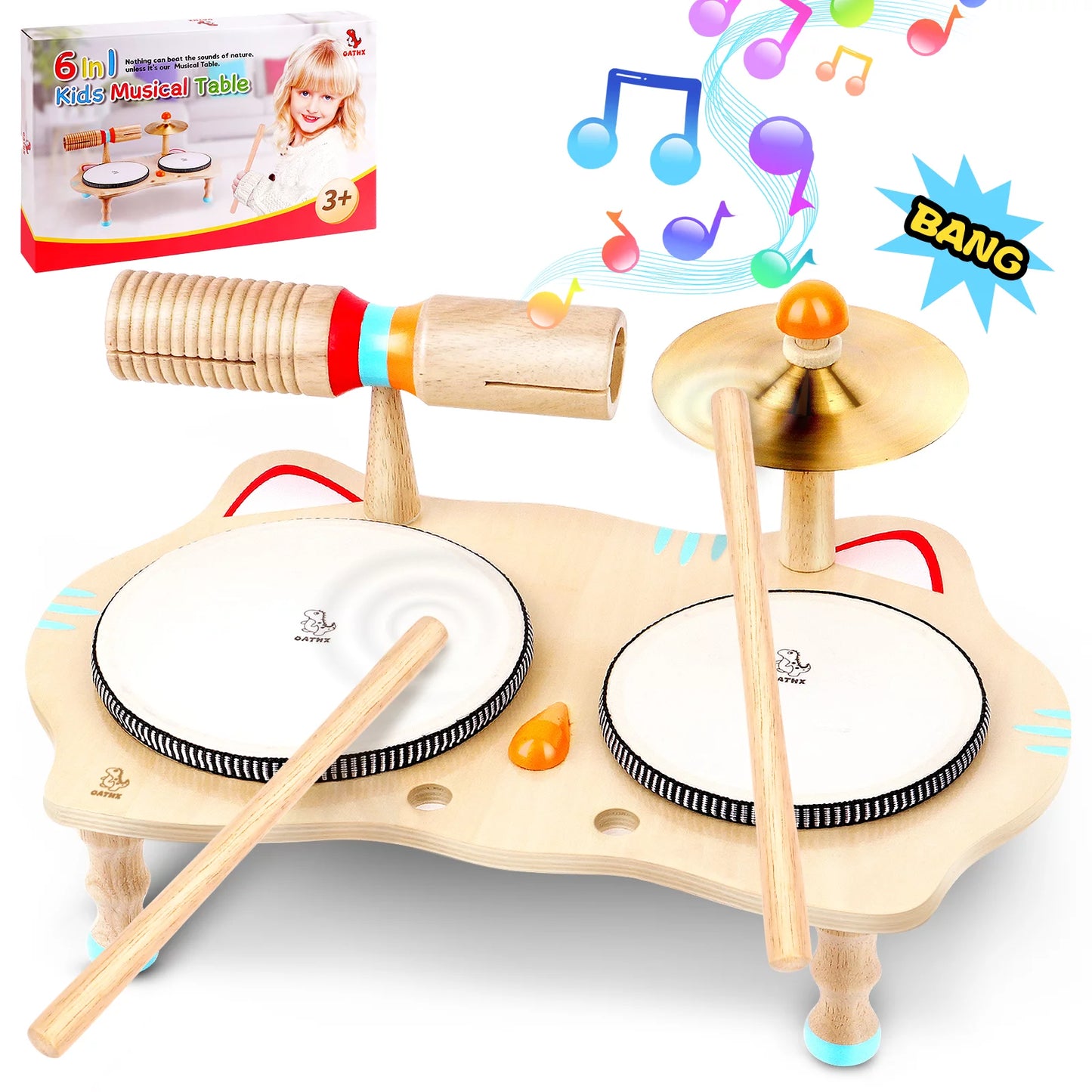 Music Toy Drum Set for Kids Wooden Musical Instruments Baby Learning Toy for Boy Girl 1-5 Year