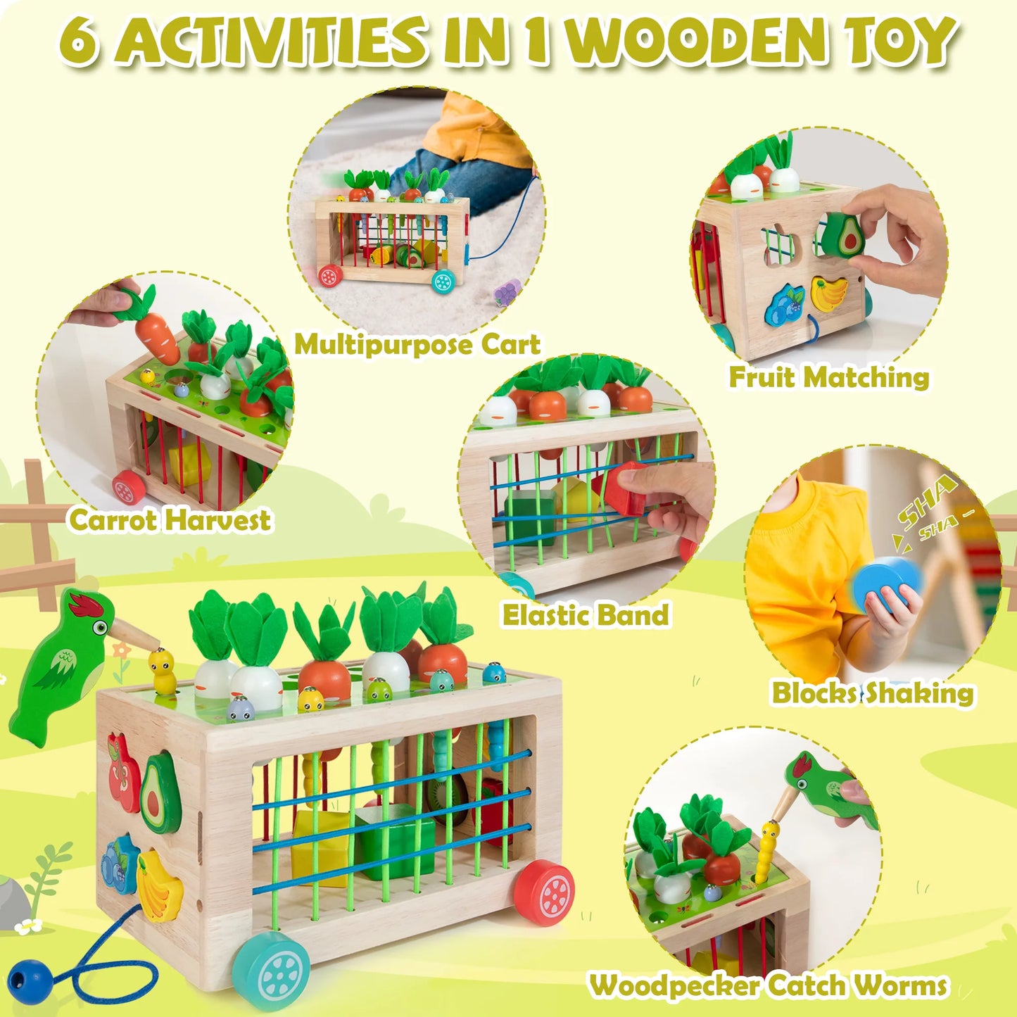 6-In-1 Wooden Toys for 1 Year Old, Montessori Sensory Toys Carrot Harvest Game, Baby Toys 12-18 Months Shape Sorter, 1St Birthday Gift Educational Toys