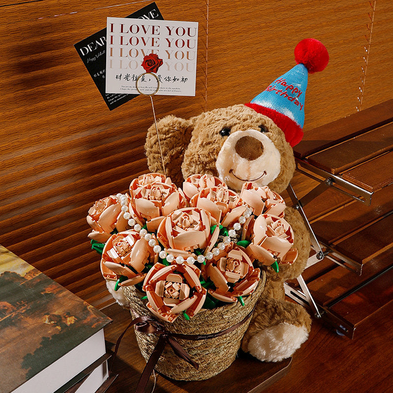 Flower Bouquet Building Blocks Kit 11pcs Champagne Rose TeddyCard