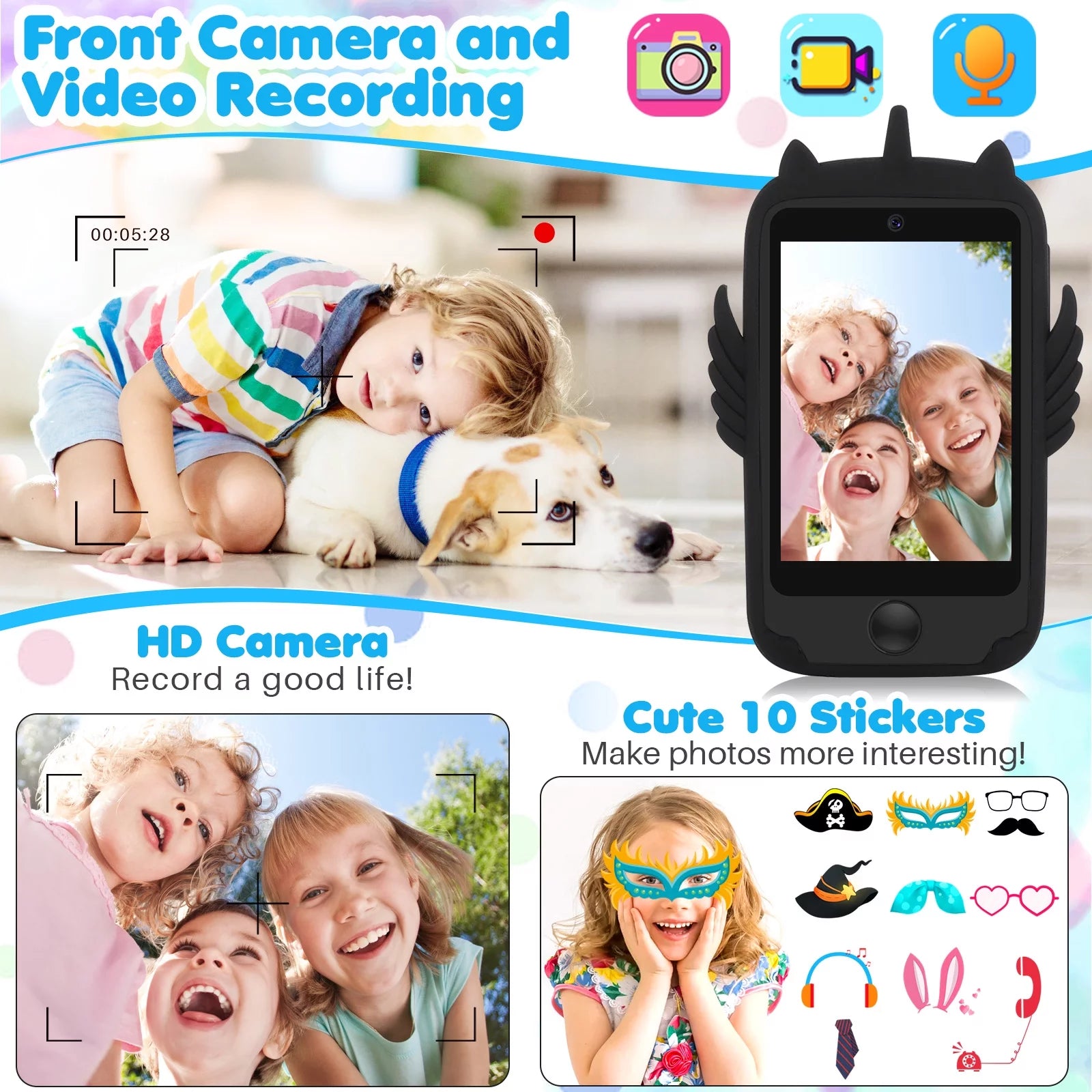 Kids Smart Phone for Boys Girls 3-12 Year Old, Toddler Kid Smart Phone Learning Toy with Educational Games, MP3 Music Player, Phone Calls, Xmas Birthday Gifts,Black