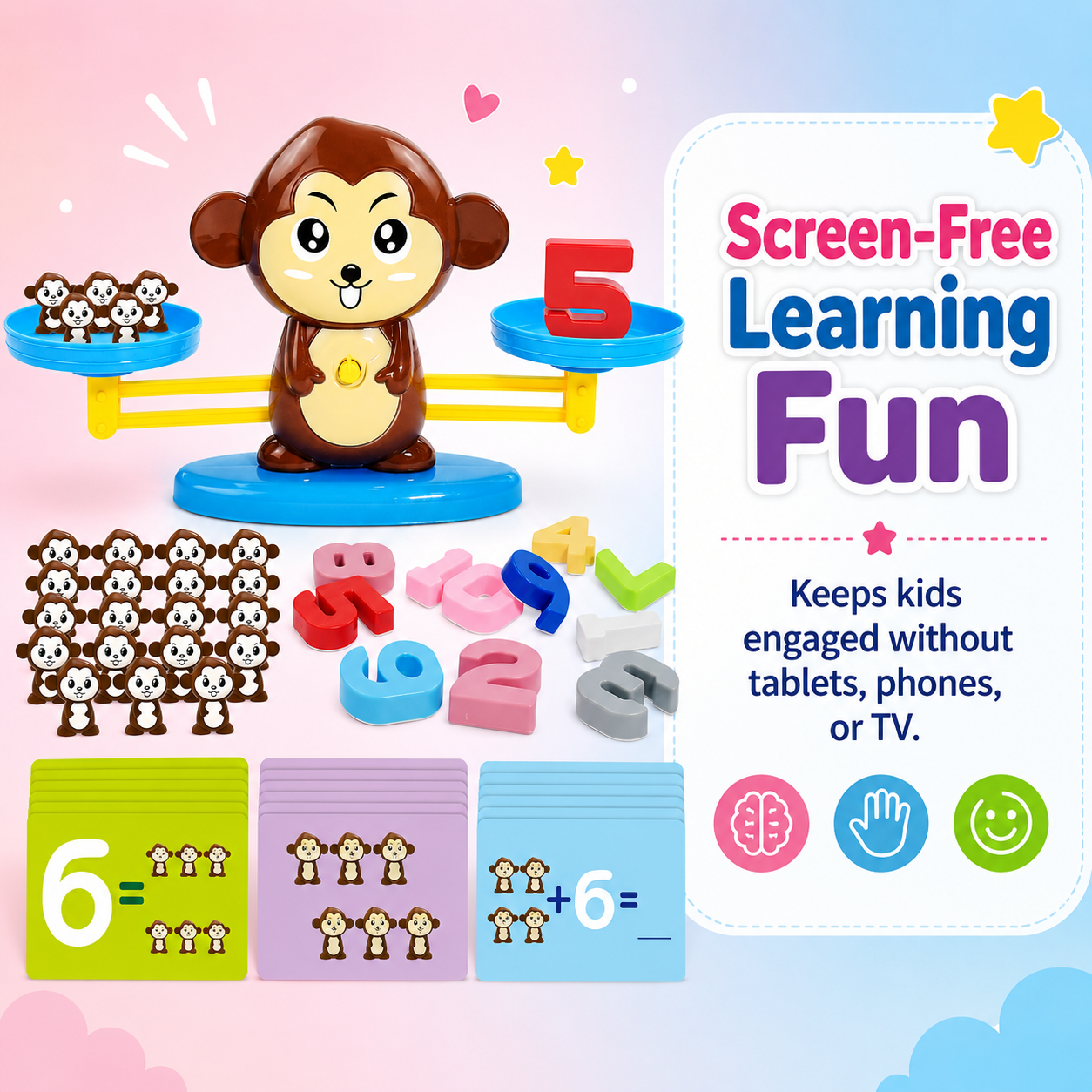 Montessori Monkey Balance Scale Math Toy for Kids — 30 Challenge Cards · 4 Difficulty Levels · Counting, Addition & Number Sense Game Ages 3–7
