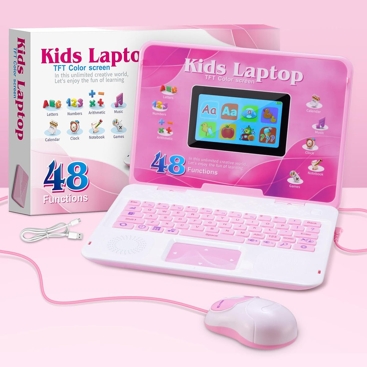 Pink Color-Screen Learning Laptop with Mouse