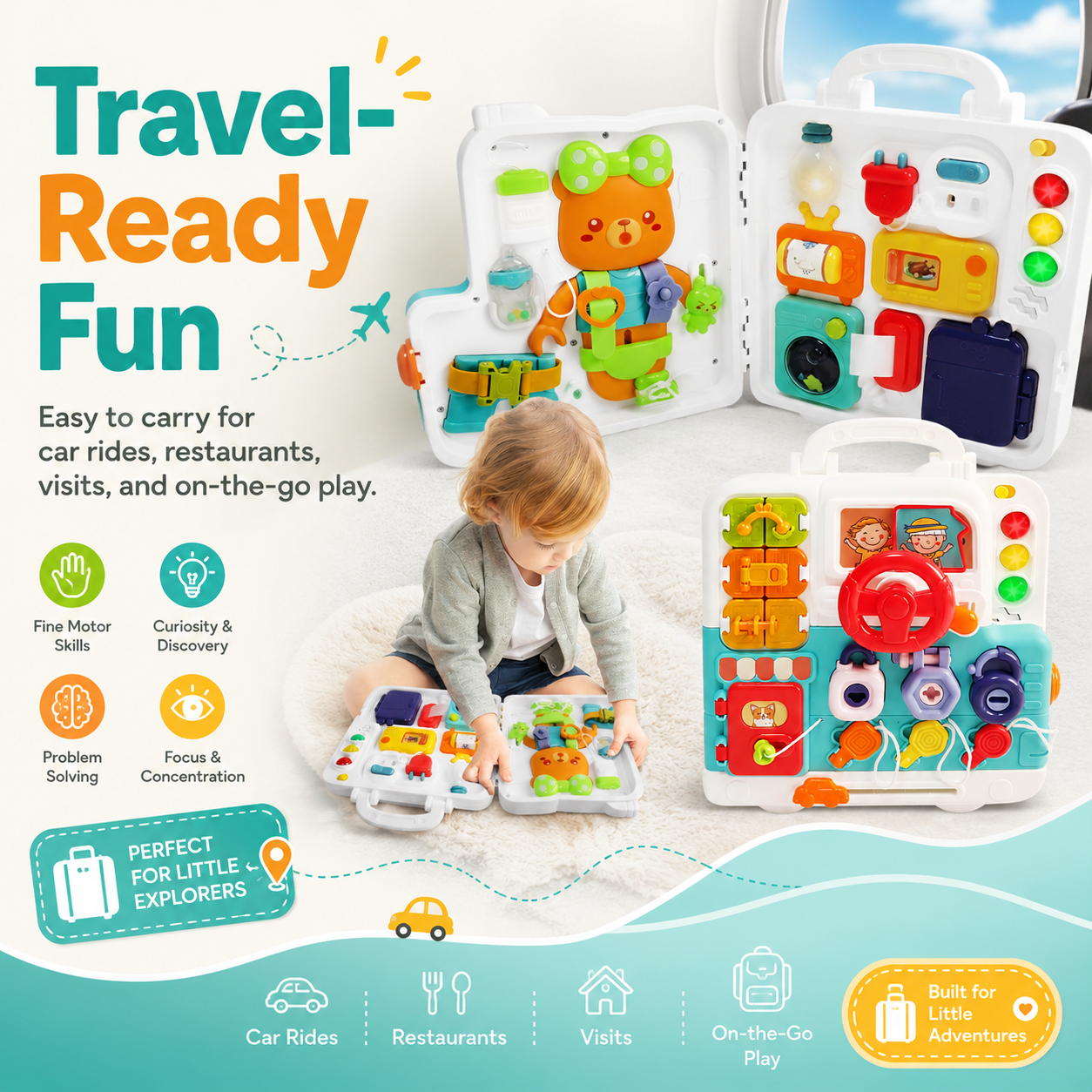 3-in-1 Montessori Busy Board Sensory Toy for Toddlers 1–3