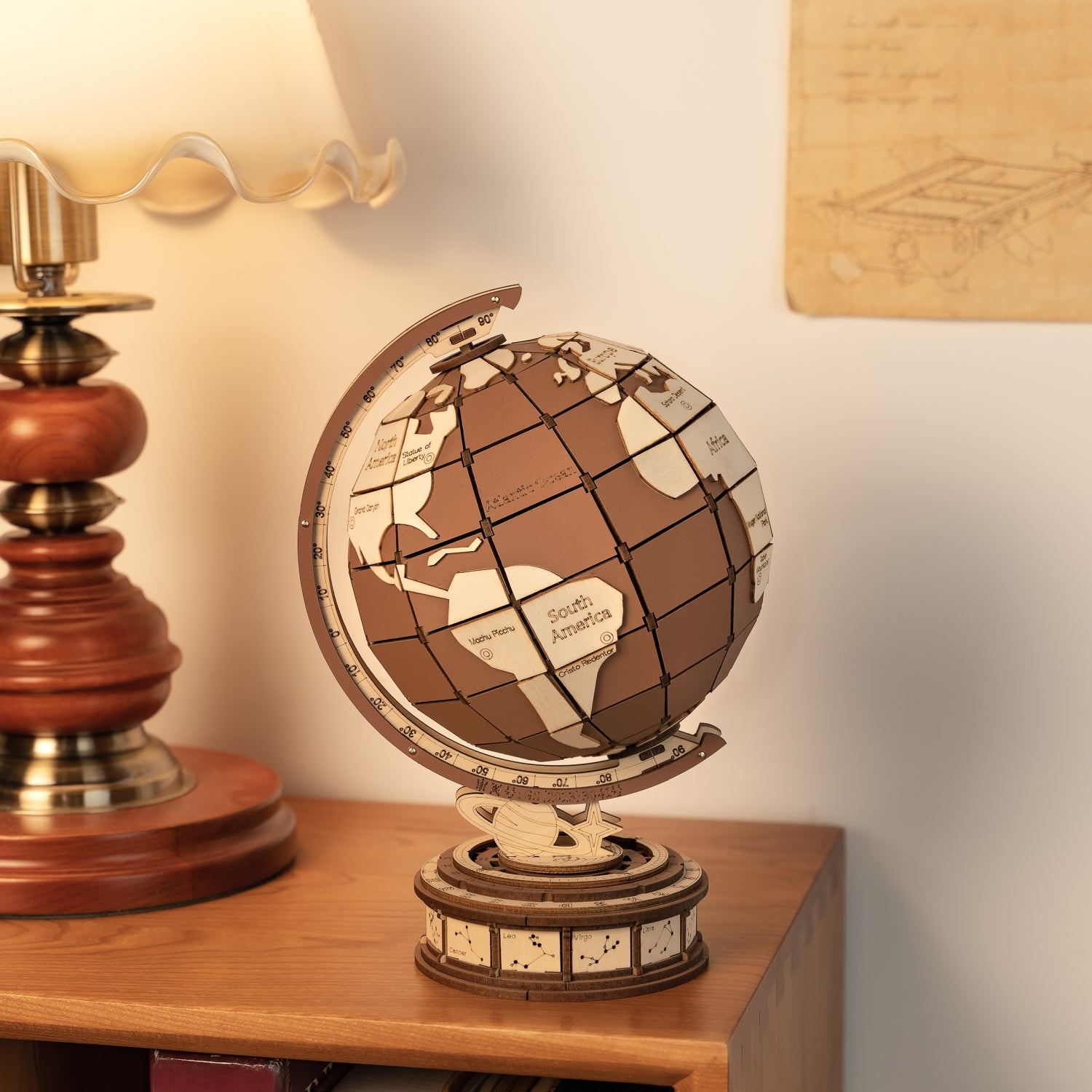 Rotating 3D Wooden Globe Puzzle with Astronomical Base – STEM Building Toy for Kids & Teens
