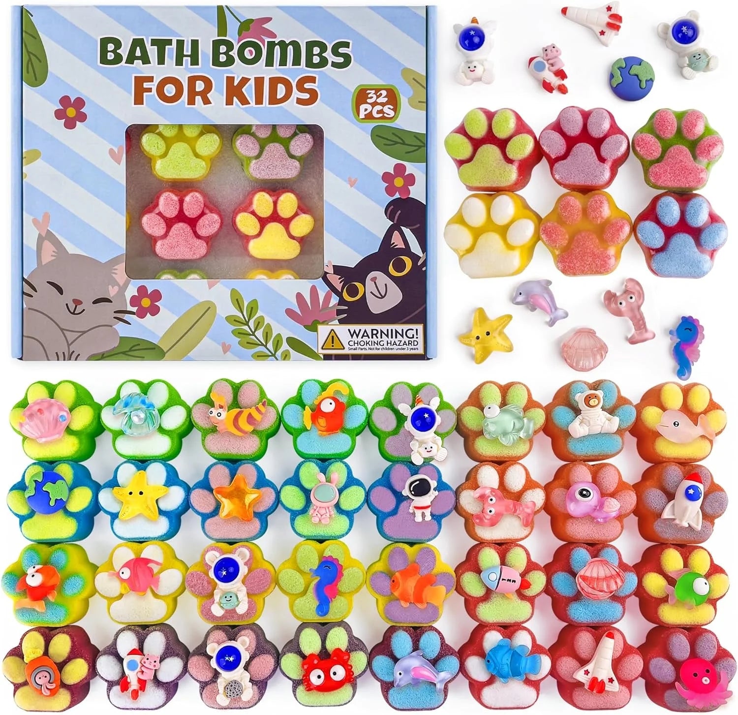 Bath Bombs for Kids,32Pcs Paw-Shape Bath Bombs with Surprise Toy Inside, Bath Bombs with Ocean Animals and Space Planet Toys, Natural Bath Bomb Gift Set at Christmas, Birthday