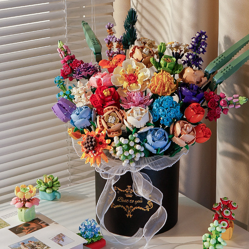 Flower Bouquet Building Block Sets – 29 Designs Joyful Blooms – 33 Pieces – Listed Black Bucket