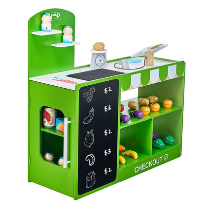 Kids Grocery Store Playset Wooden Play Market Stand With Cash Register
