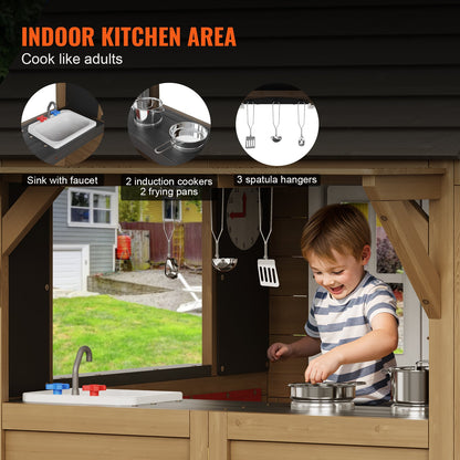 Outdoor Wooden Playhouse Kids Garden Games Cottage With Door Window Sink