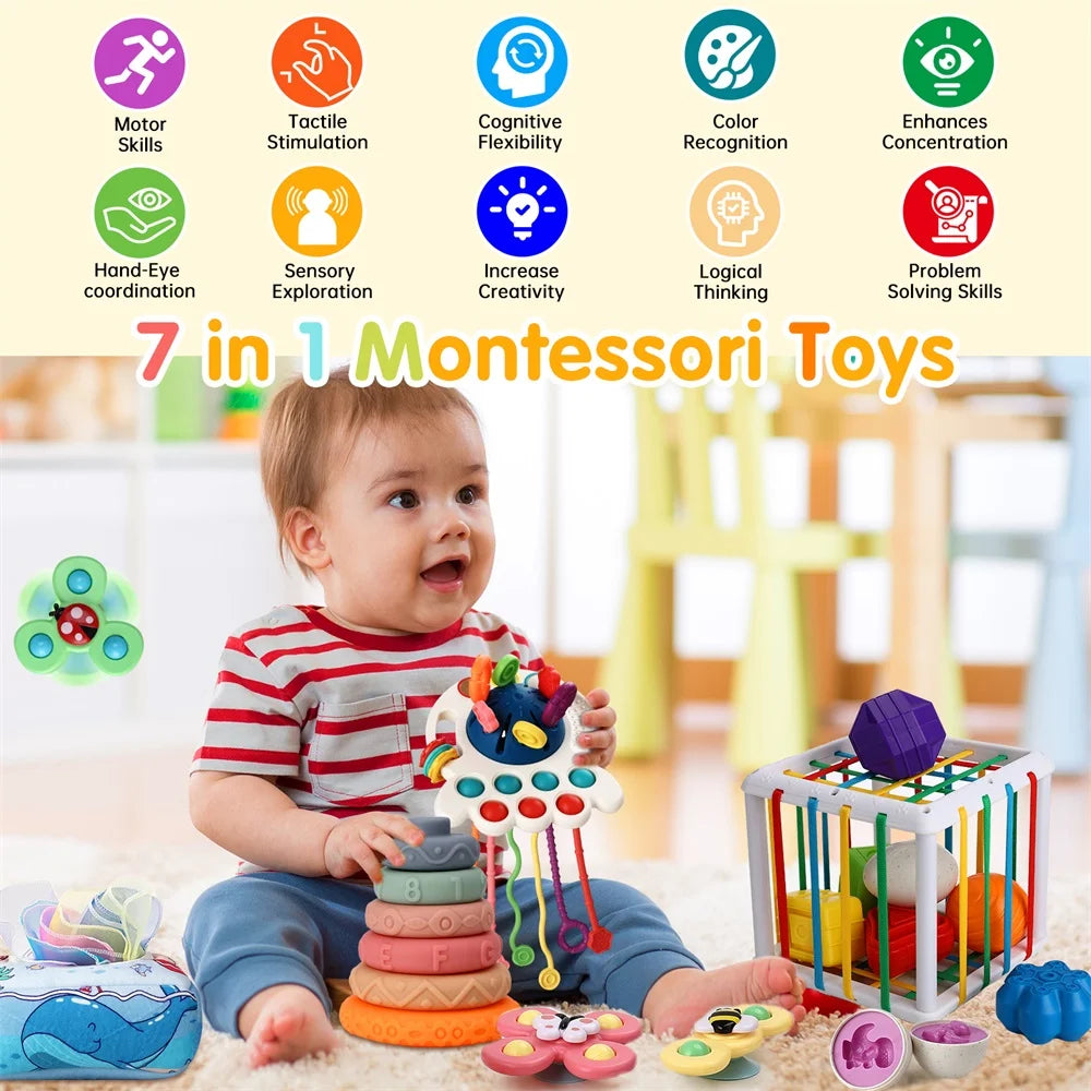 Baby Learning Toys 6-12 Months,7In1 33Pcs Montessori Toys for Babies Birthday Gift Toy Set, Sensory Bins Soft Teething Toys Pull String Stacking Blocks Matching Eggs Toddler Toy Suction Cup Spinner