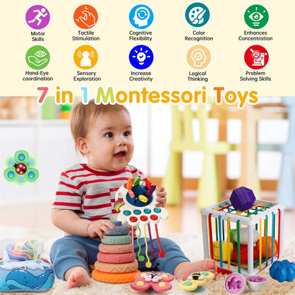 Baby Learning Toys 6-12 Months,7In1 33Pcs Montessori Toys for Babies Birthday Gift Toy Set, Sensory Bins Soft Teething Toys Pull String Stacking Blocks Matching Eggs Toddler Toy Suction Cup Spinner