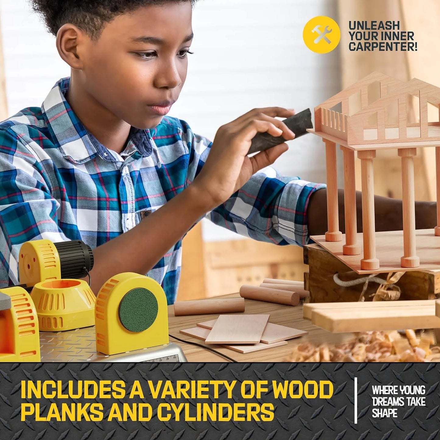 4 in 1 Woodworking Station for Kids - Wood Building Projects Kit for Boys - Real Construction Tools Sets - Boy Tool Set - Easter Gifts for Boy Age Year Old - Cool STEM Toys Kits Gift