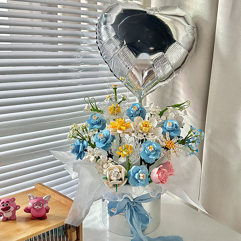 Flower Bouquet Building Blocks Kit Flowers Balloons 23pcs Silver Bucket