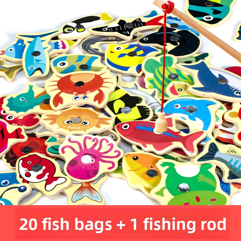 Wooden Fishing Game for Kids 20 fish 1 fishing rod bag