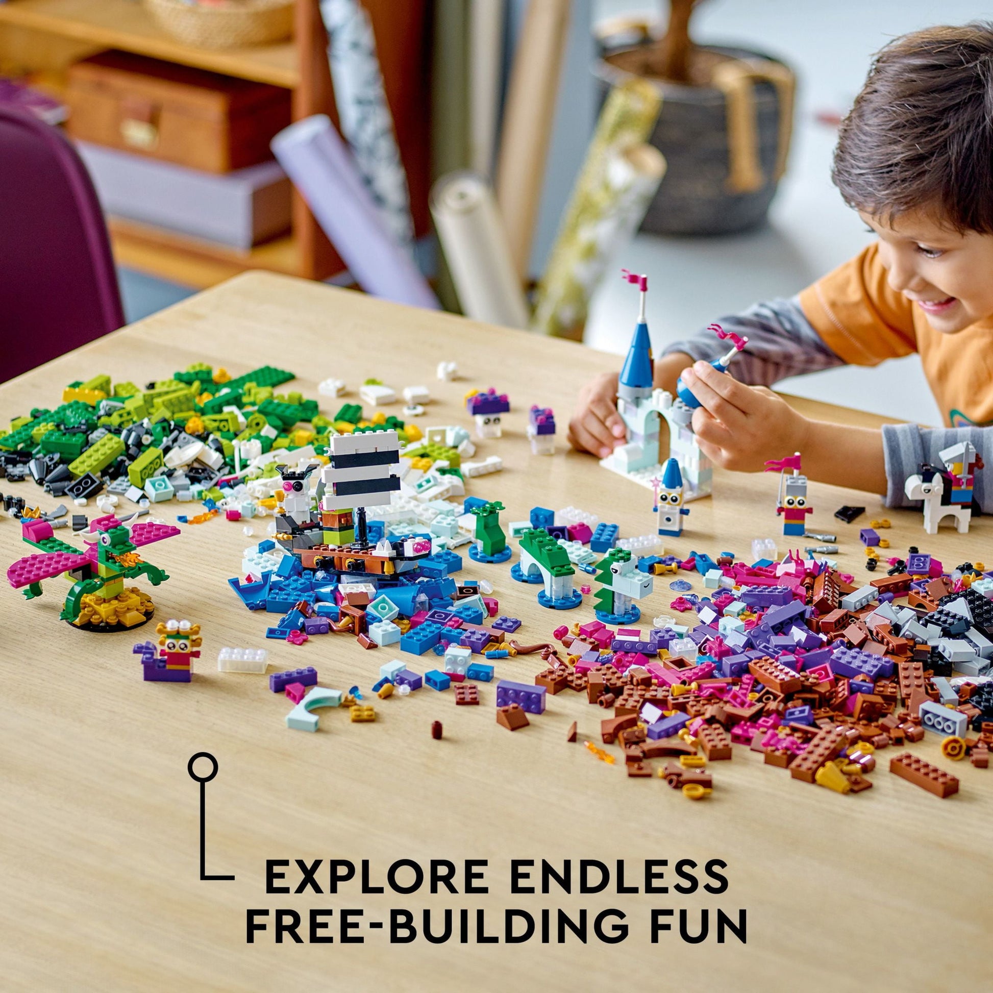 Classic Creative Fantasy Universe Set 11033, Building Adventure for Imaginative Play with Unicorn Toy, Castle, Dragon and Pirate Ship Builds, Gift Idea for Kids Ages 5 Plus