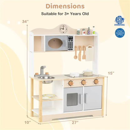 Gray Wooden Kids Play Kitchen – Imaginative Pretend Cooking Role Play Toy for Boys and Girls