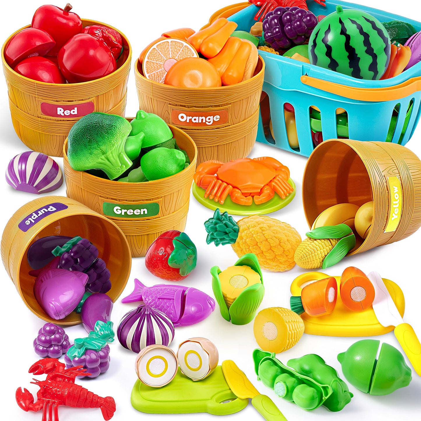 Montessori Play Food Sorting Set for Toddlers – Pretend Kitchen Cutting Food Toys with Color Sorting Baskets