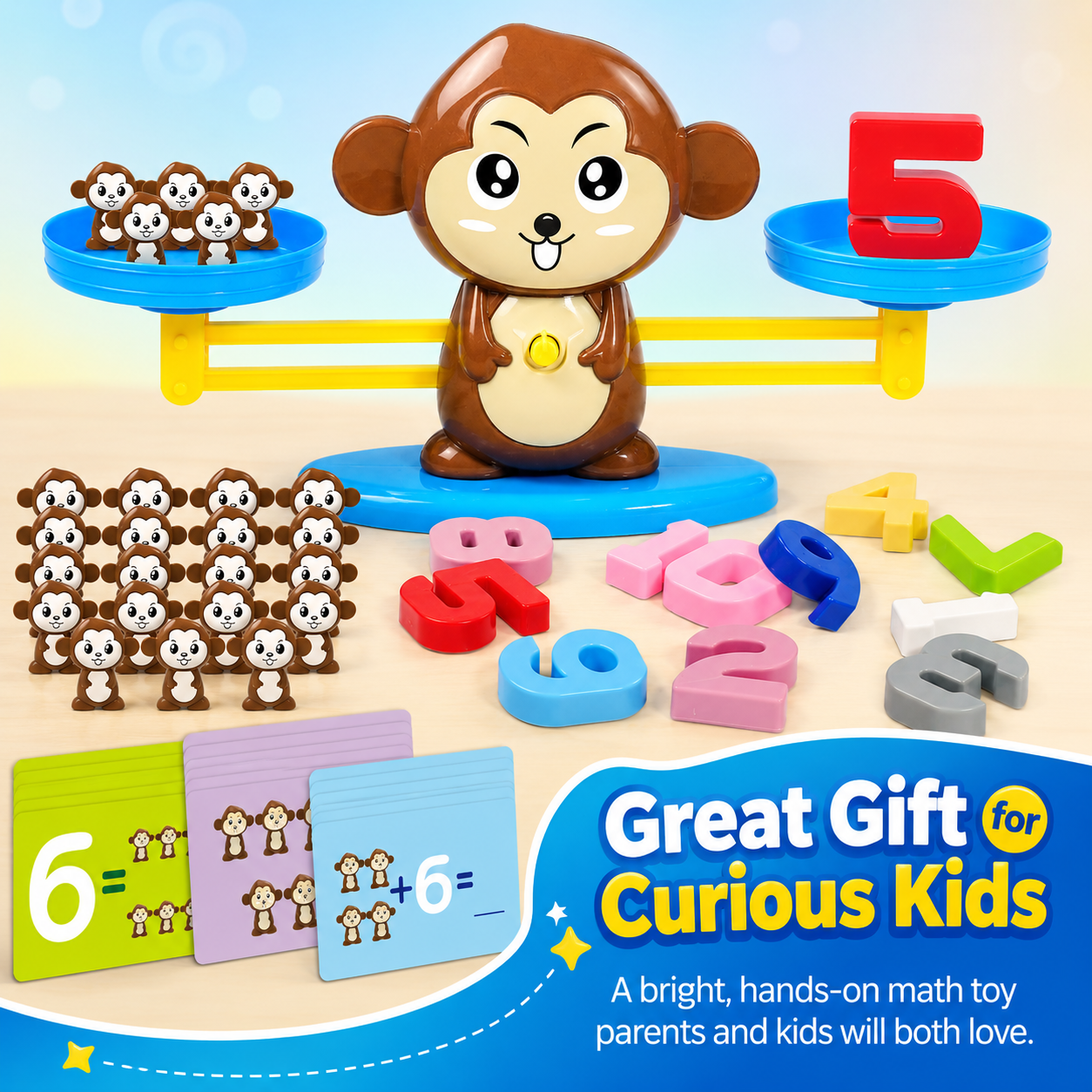 Montessori Monkey Balance Scale Math Toy for Kids — 30 Challenge Cards · 4 Difficulty Levels · Counting, Addition & Number Sense Game Ages 3–7